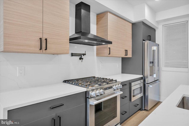 kitchen with stainless steel appliances, gray cabinetry, decorative backsplash, light wood-type flooring, and wall chimney exhaust hood