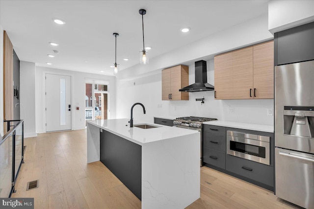 kitchen with appliances with stainless steel finishes, a sink, wall chimney exhaust hood, and modern cabinets