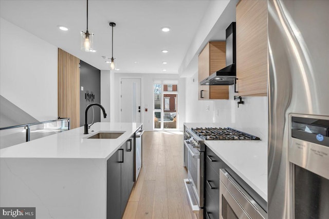 kitchen featuring wall chimney range hood, modern cabinets, stainless steel appliances, and a sink