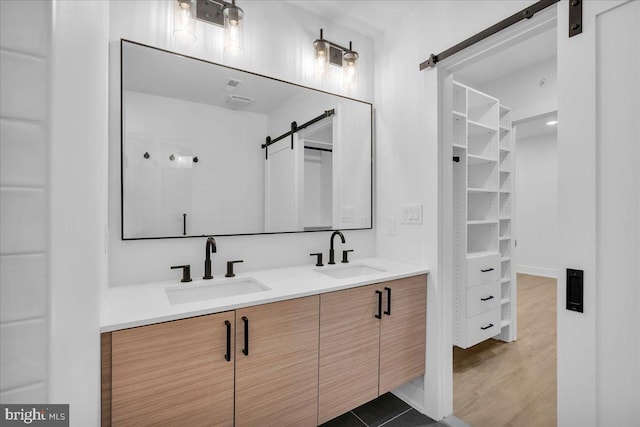 full bath featuring double vanity, wood finished floors, a sink, and a walk in closet