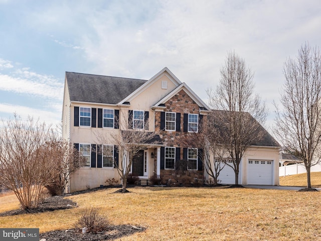 view of front of property featuring a garage, stone siding, a front yard, and stucco siding