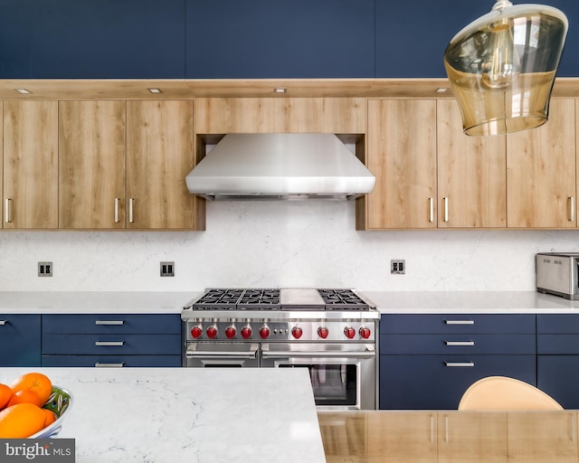 kitchen featuring modern cabinets, range hood, double oven range, and light countertops