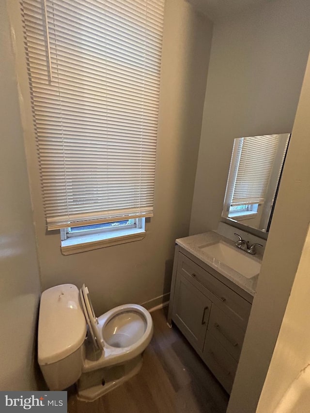 bathroom featuring baseboards, vanity, toilet, and wood finished floors