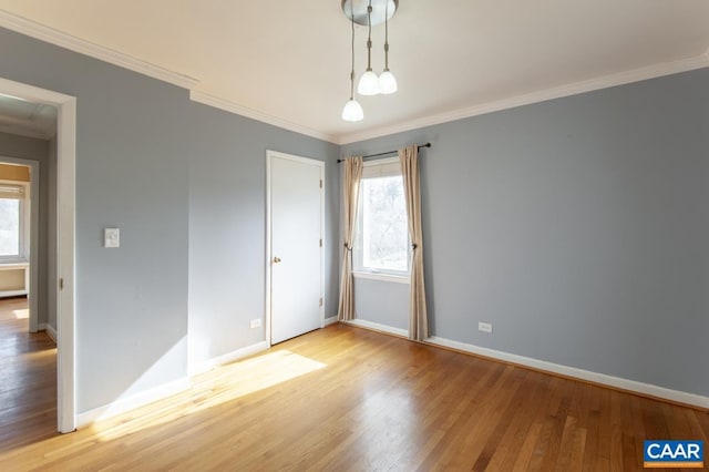 interior space featuring crown molding, wood finished floors, and baseboards