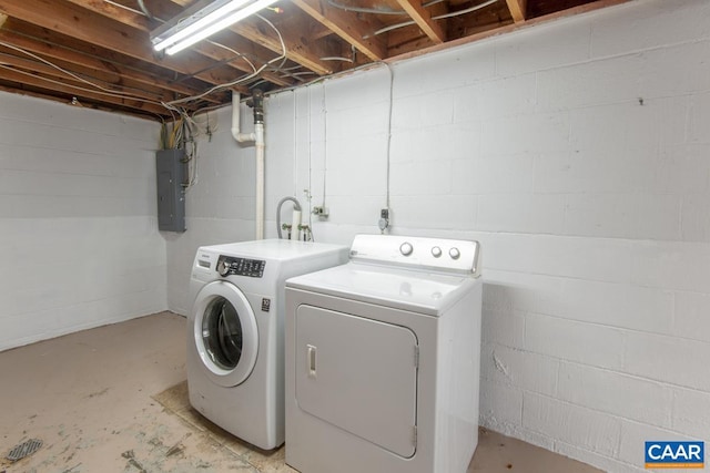 laundry area with laundry area, washing machine and dryer, and electric panel