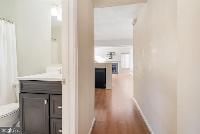 hallway with a sink, a textured ceiling, baseboards, and wood finished floors