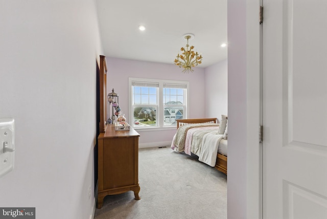 bedroom featuring light carpet, baseboards, a notable chandelier, and recessed lighting