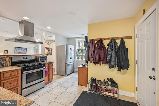 kitchen featuring island range hood, appliances with stainless steel finishes, brown cabinets, light tile patterned flooring, and recessed lighting