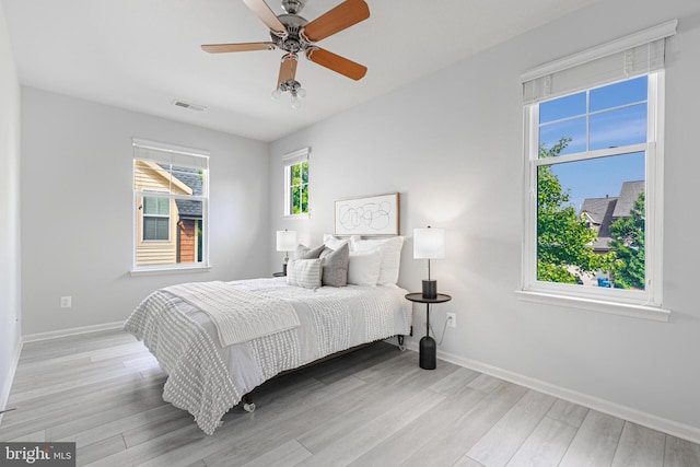 bedroom featuring light wood-style floors, baseboards, visible vents, and ceiling fan