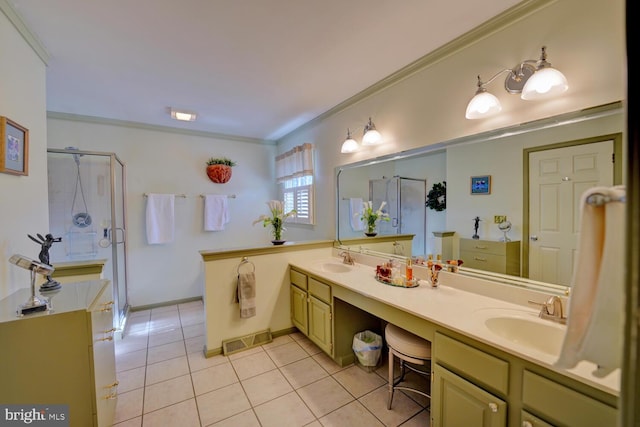 full bathroom featuring a sink, visible vents, ornamental molding, tile patterned floors, and a stall shower