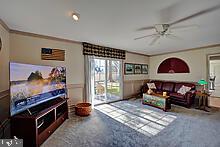 living area featuring carpet and a ceiling fan