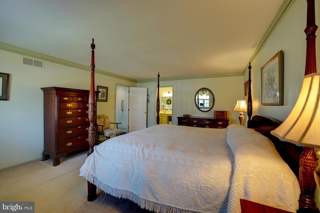 bedroom with visible vents, crown molding, light carpet, and ensuite bathroom