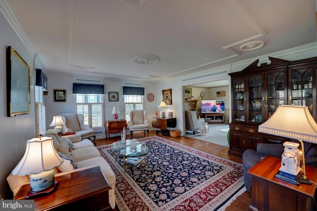 living area with crown molding