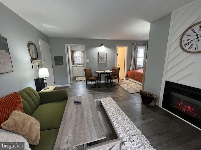 living area with a fireplace, wood finished floors, and baseboards