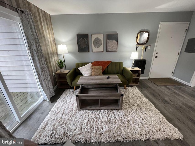 living room with baseboards and wood finished floors