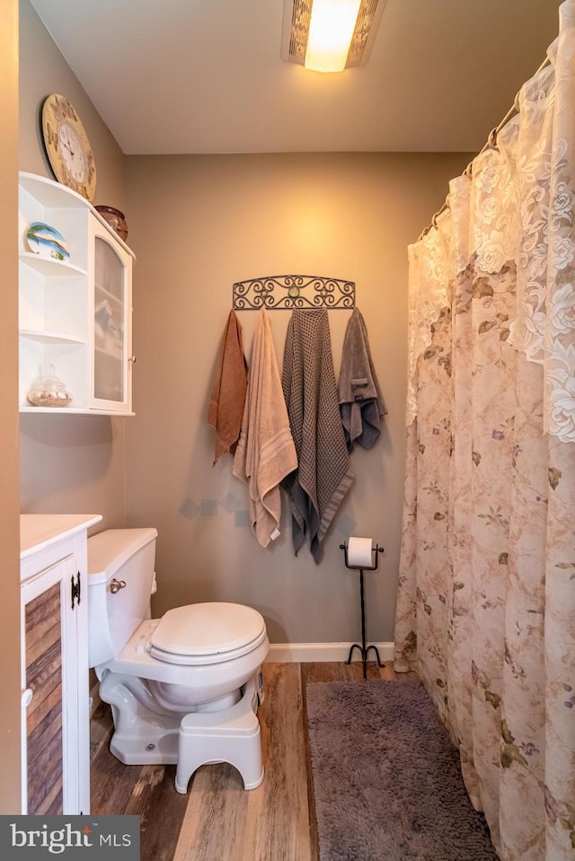 full bath featuring baseboards, toilet, a shower with curtain, wood finished floors, and vanity