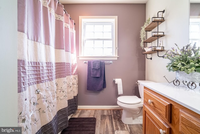 full bathroom with toilet, plenty of natural light, baseboards, and wood finished floors