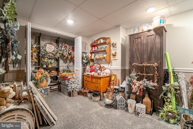 miscellaneous room featuring carpet flooring and a drop ceiling