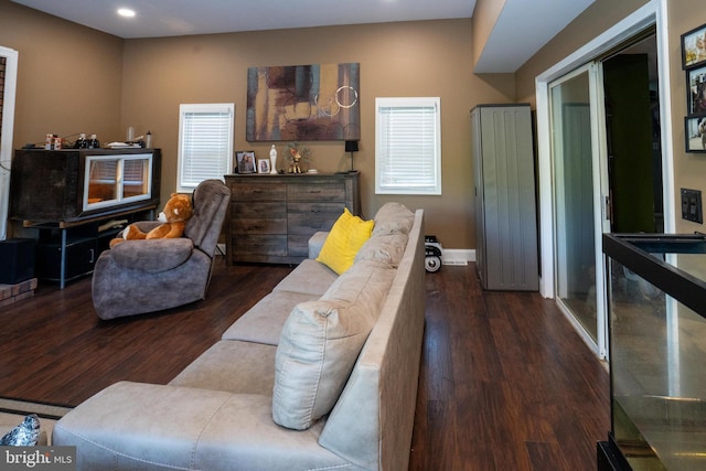 living room featuring baseboards, wood finished floors, and recessed lighting