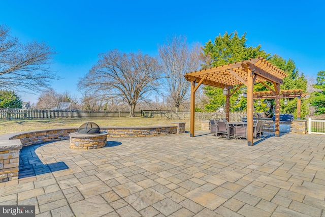 view of patio / terrace with outdoor dining space, a fenced backyard, a pergola, and an outdoor fire pit