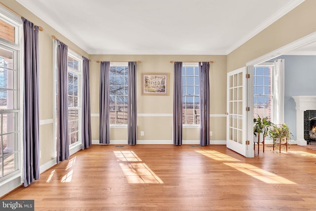 interior space with a high end fireplace, light wood-style flooring, and a healthy amount of sunlight