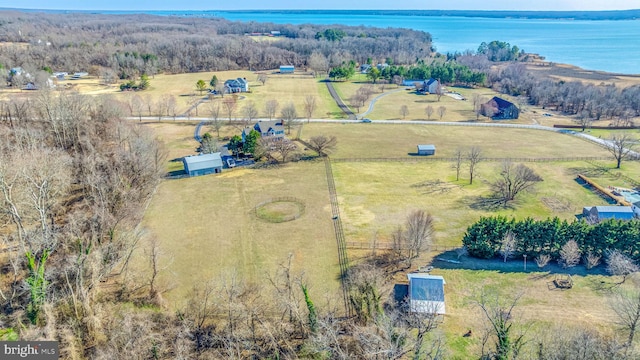 bird's eye view with a rural view and a water view