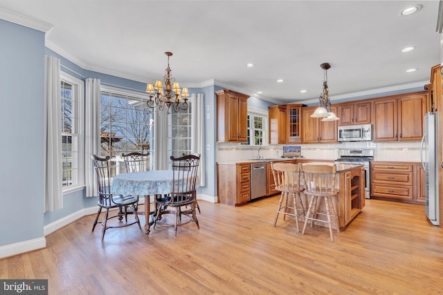 kitchen featuring a sink, a kitchen island, appliances with stainless steel finishes, brown cabinetry, and decorative backsplash