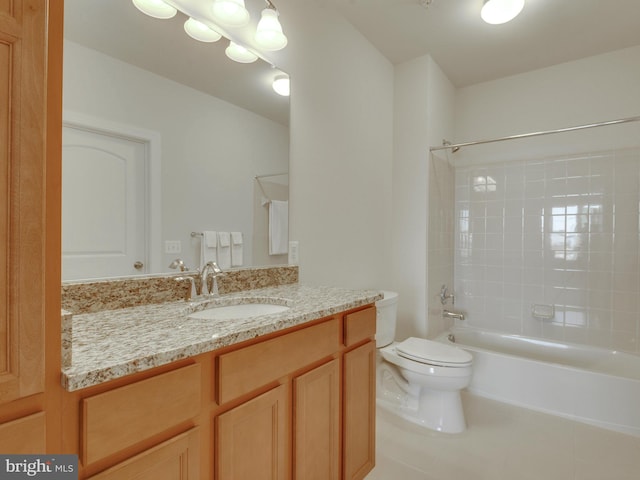 full bath featuring toilet, shower / bathtub combination, vanity, and tile patterned floors