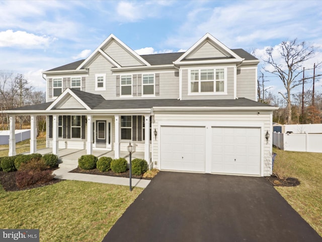 view of front of house with driveway, a porch, fence, an attached garage, and a front yard