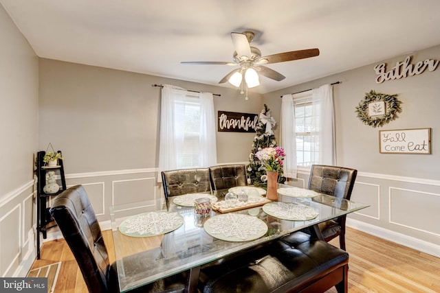 dining room featuring wainscoting, a healthy amount of sunlight, and wood finished floors