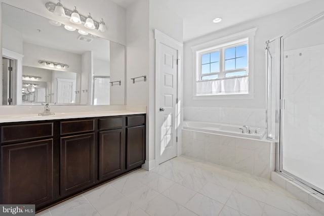 full bath with recessed lighting, vanity, marble finish floor, a bath, and a stall shower