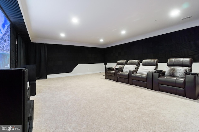 cinema with baseboards, carpet flooring, visible vents, and recessed lighting