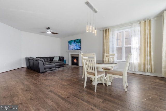 dining area featuring dark wood finished floors, a lit fireplace, and ceiling fan