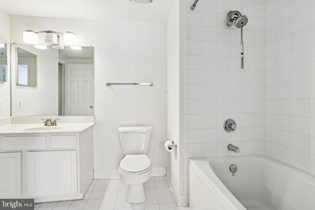 bathroom featuring baseboards, toilet, shower / tub combination, tile patterned floors, and vanity