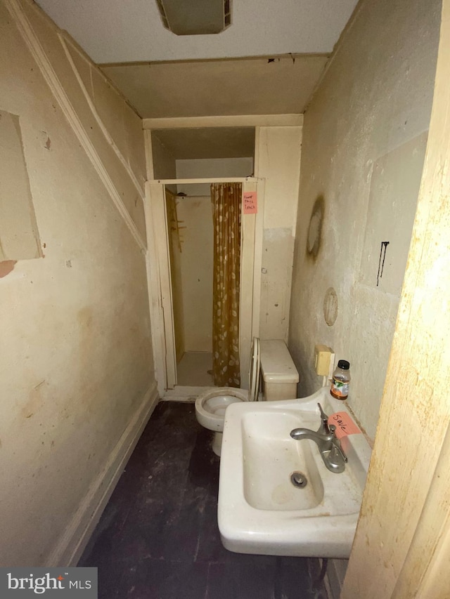 full bathroom with toilet, a stall shower, and a sink