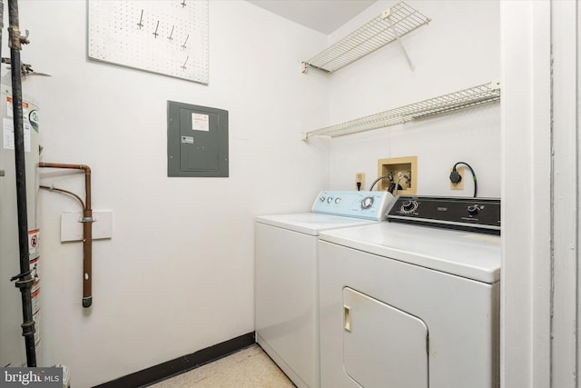 laundry room featuring laundry area, electric panel, baseboards, and separate washer and dryer