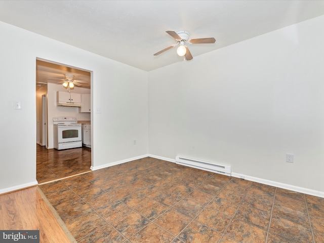 unfurnished room with baseboards, a baseboard heating unit, and ceiling fan