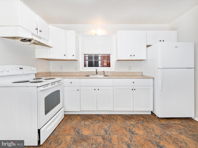 kitchen with white appliances, white cabinetry, light countertops, and a sink