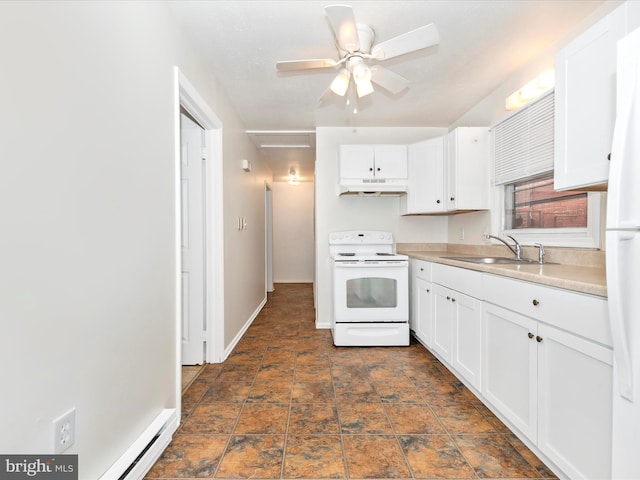 kitchen featuring electric stove, light countertops, white cabinets, a sink, and under cabinet range hood