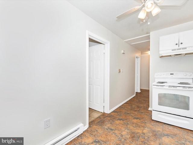 kitchen featuring white electric stove, baseboards, white cabinets, ceiling fan, and under cabinet range hood