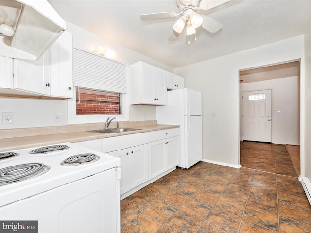 kitchen featuring extractor fan, white appliances, a sink, white cabinetry, and light countertops