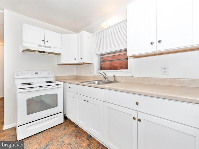 kitchen featuring white cabinets, a sink, under cabinet range hood, and white range with electric cooktop