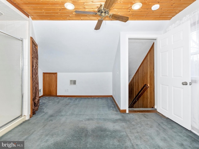 bonus room featuring wooden ceiling, baseboards, lofted ceiling, and carpet