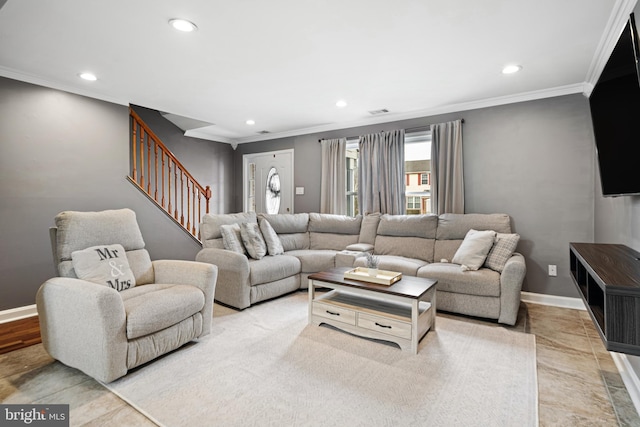 living area featuring visible vents, baseboards, stairway, ornamental molding, and recessed lighting