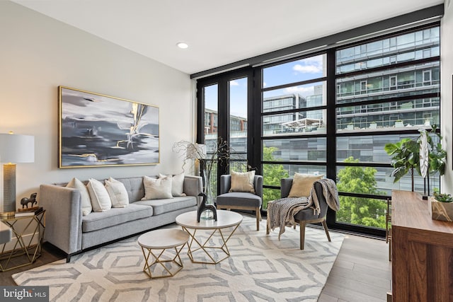 living room with a view of city, a wall of windows, a wealth of natural light, and wood finished floors