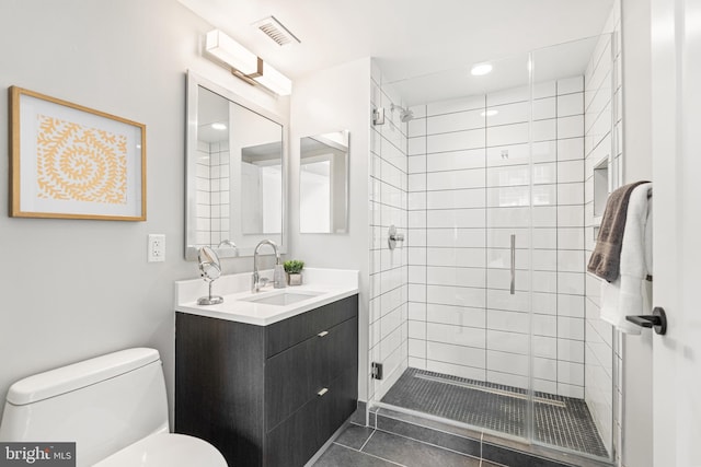 bathroom featuring visible vents, a stall shower, and toilet