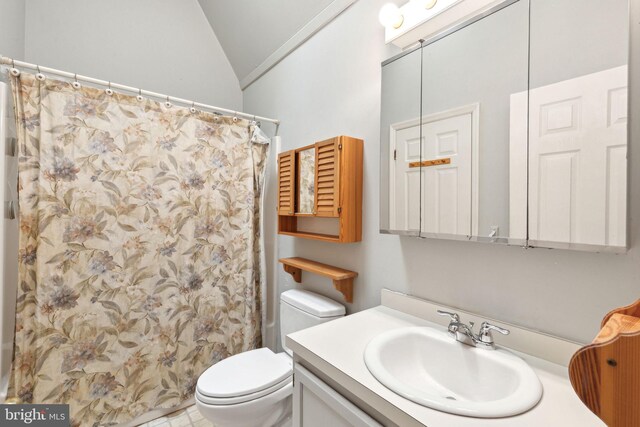 full bathroom with vanity, lofted ceiling, toilet, and a shower with shower curtain