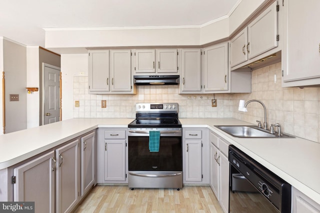 kitchen featuring a sink, stainless steel range with electric cooktop, under cabinet range hood, dishwasher, and crown molding