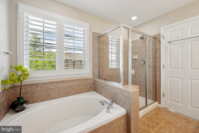 1593 Jason Dr, Cinnaminson, NJ 08077 - full bath featuring a shower stall, a bath, tile patterned floors, and recessed lighting