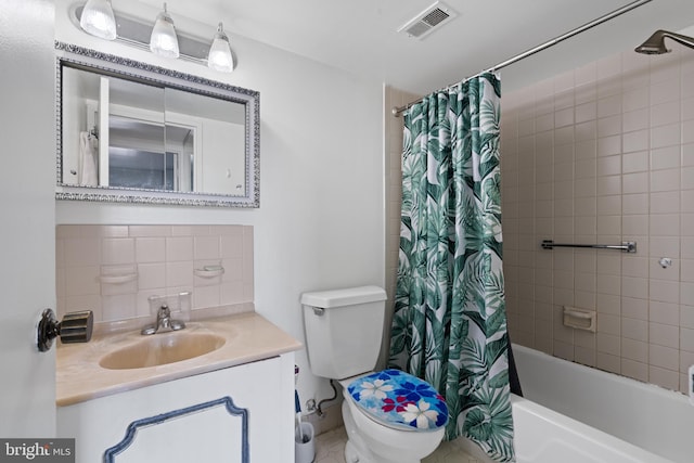 full bathroom with tasteful backsplash, visible vents, toilet, shower / bathtub combination with curtain, and vanity